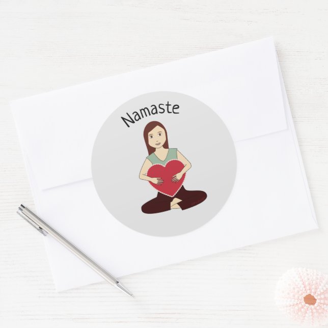 Cute Yoga Girl holding Red heart Namaste Classic Round Sticker (Envelope)