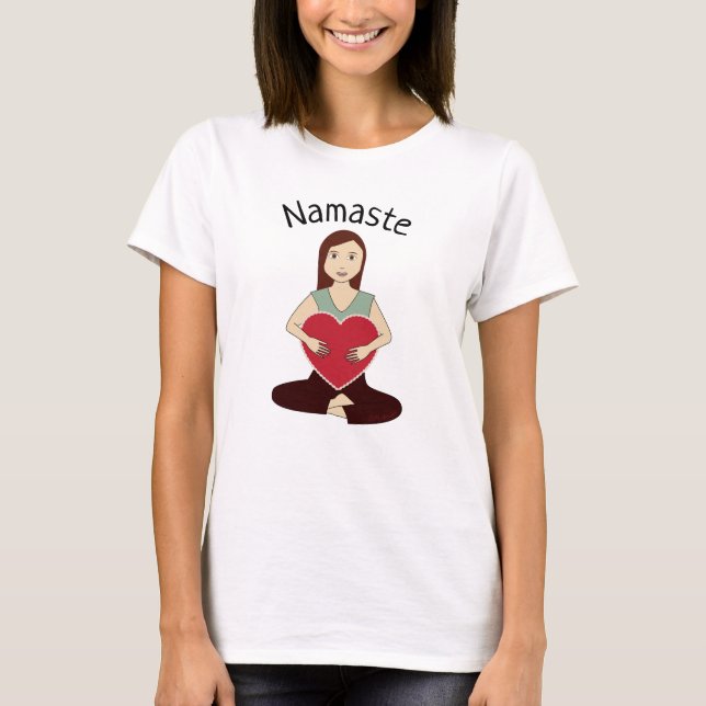 Cute Yoga Girl holding Red heart Namaste T-Shirt (Front)