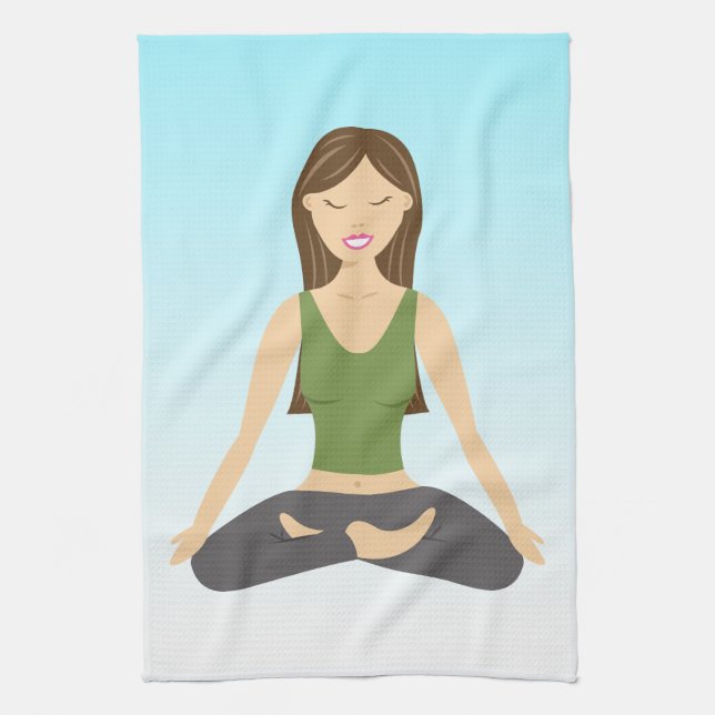 Cute Yoga Girl Sitting In Lotus Pose Illustration Tea Towel (Vertical)