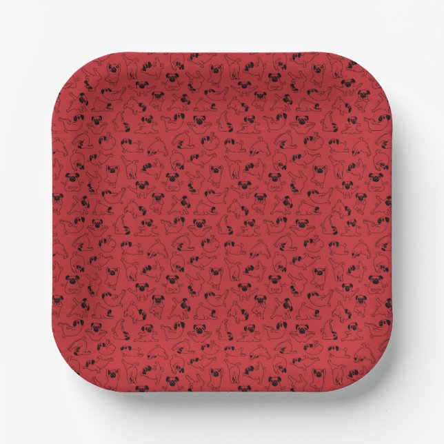 cute yoga pet dog pattern red background paper plate (Front)