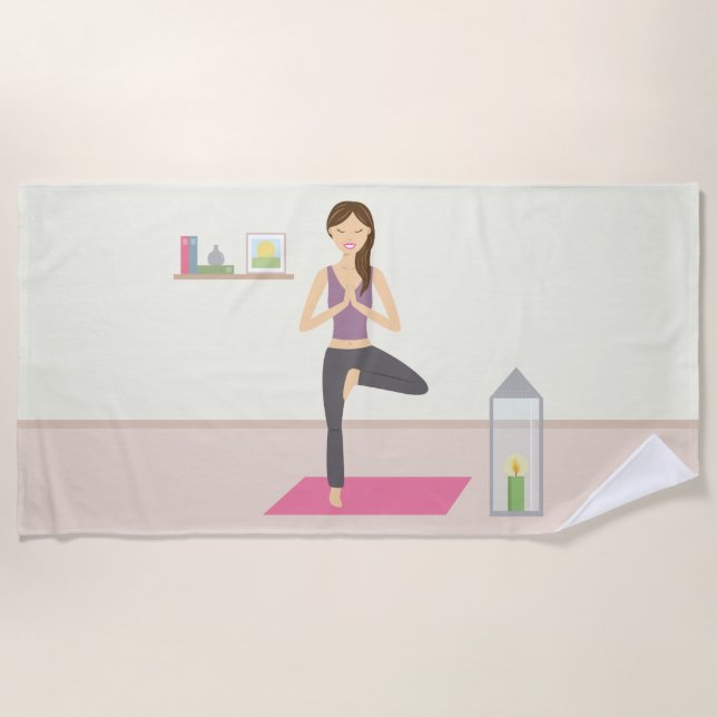 Cute Yoga Woman In Tree Pose Beach Towel (Front)