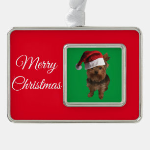 Cute Yorki Wearing a Santa Claus Hat Silver Plated Framed Ornament