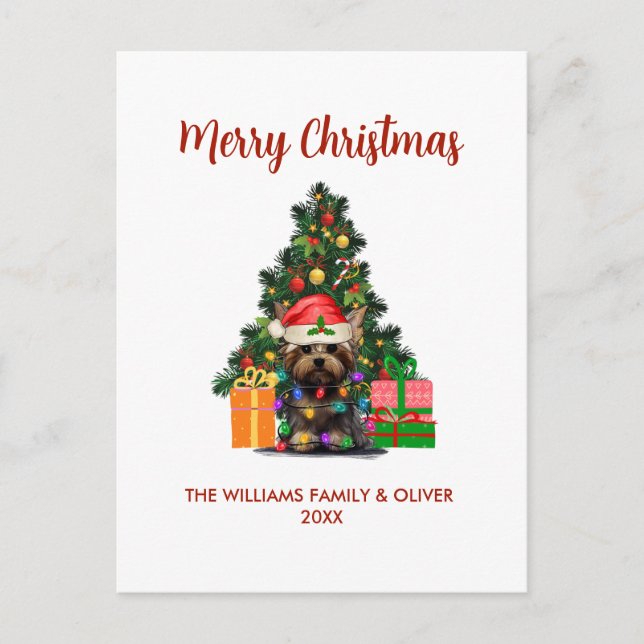 Cute Yorkie and Tree Christmas Holiday Postcard (Front)