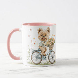 Cute Yorkie Dog Biking Spring Flowers Mug