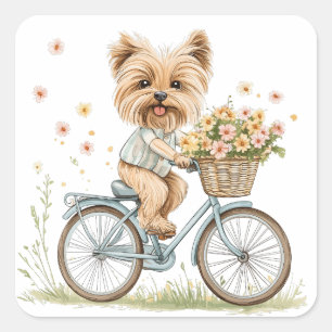 Cute Yorkie Dog Biking Spring Flowers Square Sticker