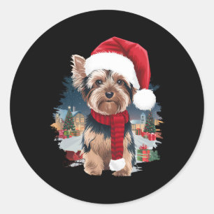 Cute Yorkie Dog Christmas Santa Hat Scarf Winter H Classic Round Sticker