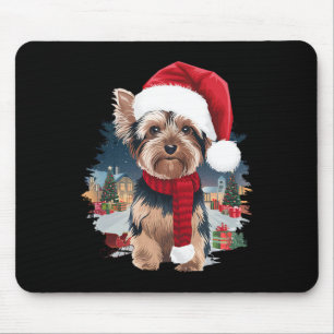 Cute Yorkie Dog Christmas Santa Hat Scarf Winter H Mouse Pad