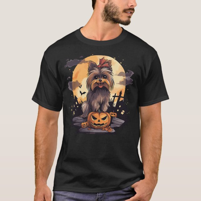 Cute Yorkie Dog Halloween Pumpkin Bats and Moon T-Shirt (Front)