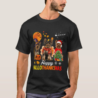 Cute Yorkie Happy Hallothanksmas Halloween Thanksg T-Shirt