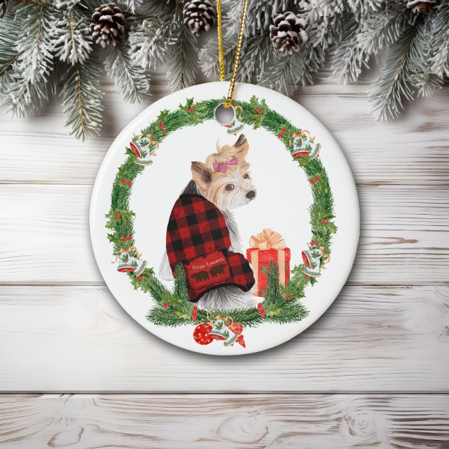 Cute Yorkie in Christmas Wreath Ceramic Tree Decoration (Creator Uploaded)
