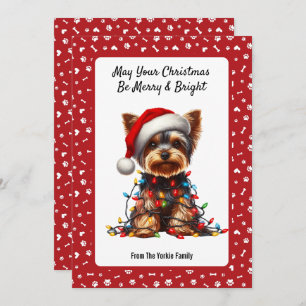 Cute Yorkie On Santa Hat And Christmas Light  Holiday Card