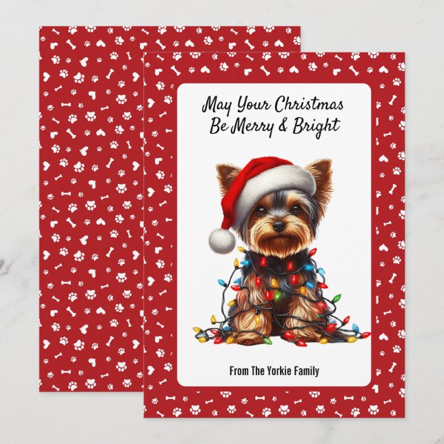 Cute Yorkie On Santa Hat And Christmas Light  Holiday Card (Front/Back)