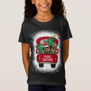 Cute Yorkie Red Truck Merry Christmas Bleached T-Shirt