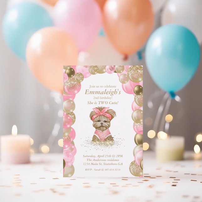 Cute Yorkie Two Cute Balloon Birthday Party Invitation (Creator Uploaded)