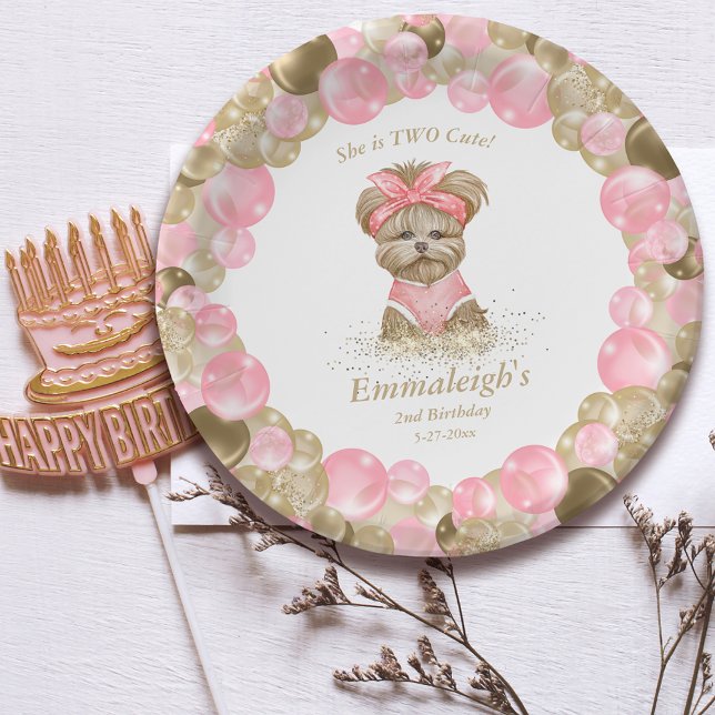 Cute Yorkie Two Cute Balloon Birthday Party Paper Plate (Creator Uploaded)