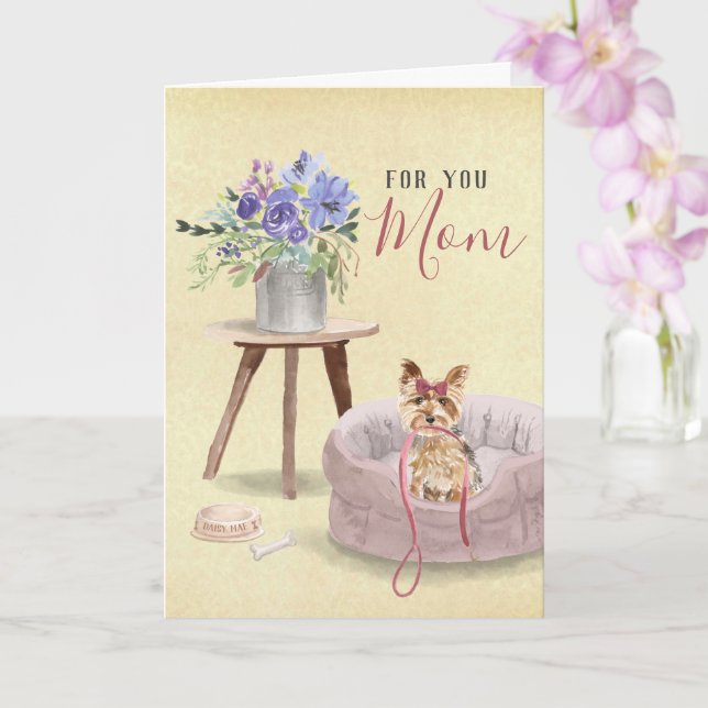 Cute Yorkie Watercolor Personalised Mother's Day Card (Orchid)