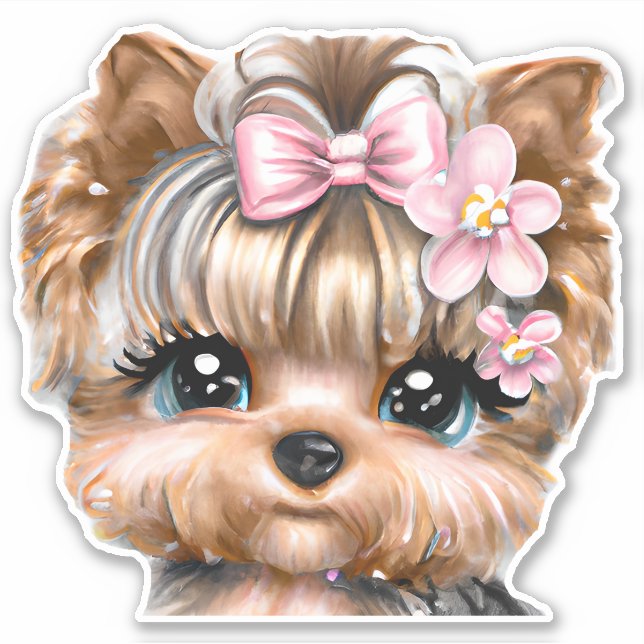 Cute Yorkie With a Pink Bow   (Front)