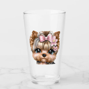 Cute Yorkie With a Pink Bow Glass