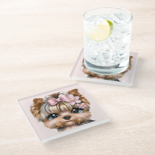 Cute Yorkie With a Pink Bow Glass Coaster