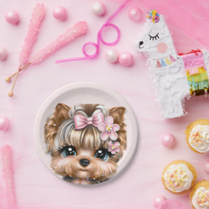 Cute Yorkie With a Pink Bow Paper Plate