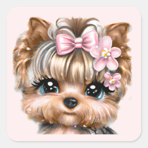 Cute Yorkie With a Pink Bow Square Sticker