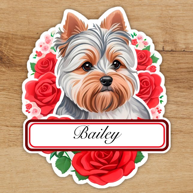 Cute Yorkshire & red roses around, custom label (Creator Uploaded)