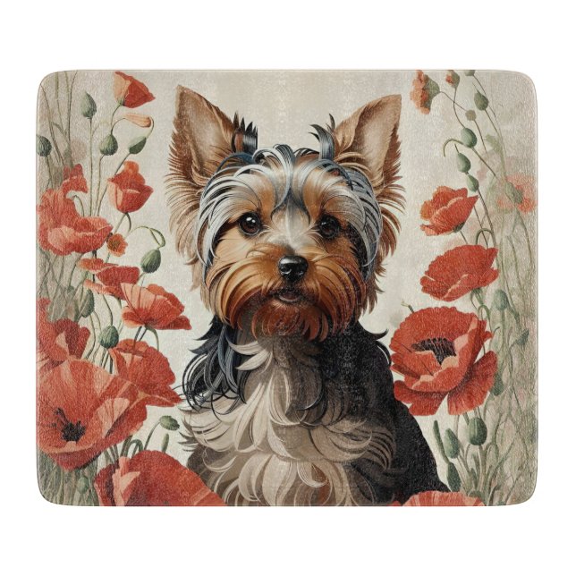 Cute Yorkshire Terrier Botanical Red Poppies Cutting Board (Front)
