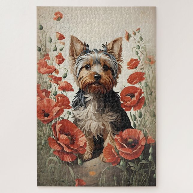 Cute Yorkshire Terrier Botanical Red Poppies Jigsaw Puzzle (Vertical)