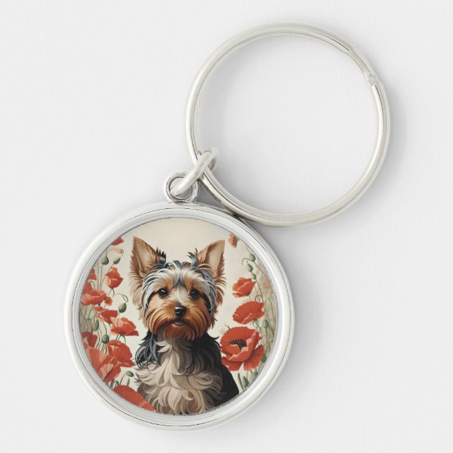 Cute Yorkshire Terrier Botanical Red Poppies Key Ring (Front)