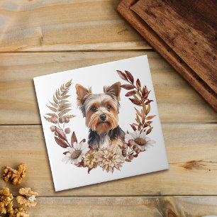 Cute Yorkshire Terrier Dog Autumn Wreath Tile