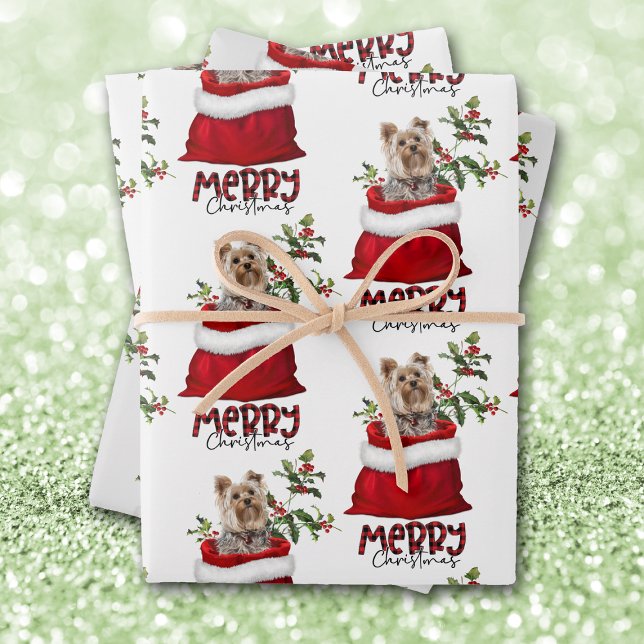 Cute Yorkshire Terrier Dog in Holiday Gift Bag Wrapping Paper Sheet (Creator Uploaded)