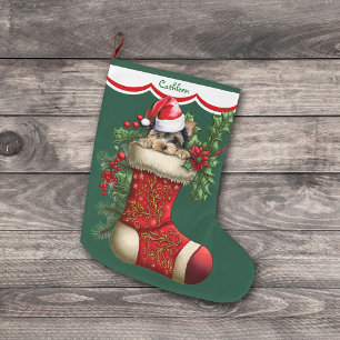 Cute Yorkshire Terrier Dog Peeking Large Christmas Stocking