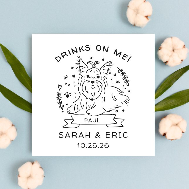 Cute Yorkshire terrier Dog Wedding Drinks on Me Napkin (Creator Uploaded)