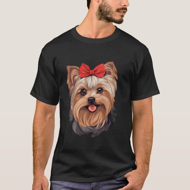 Cute Yorkshire Terrier in a Bow Tie Headband Red B T-Shirt (Front)