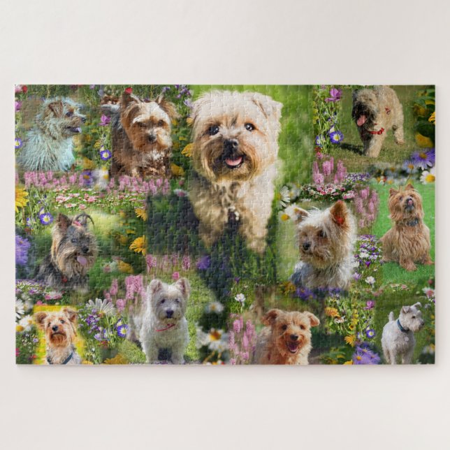 Cute Yorkshire Terrier Puppies & Colourful Flowers Jigsaw Puzzle (Horizontal)