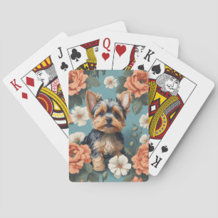 Cute Yorkshire Terrier Puppy Floral Playing Cards