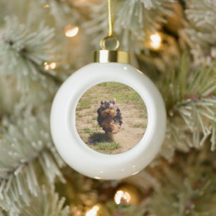 Cute Yorkshire Terrier Puppy  running Ceramic Ball Christmas Ornament