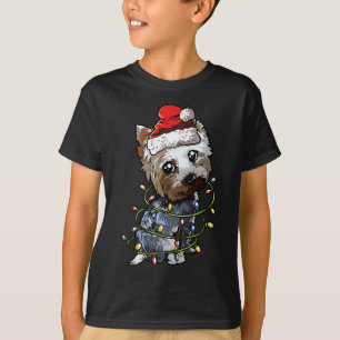 Cute Yorkshire Terrier Santa Christmas Tree Lights T-Shirt