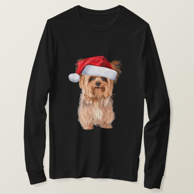 Cute Yorkshire Terrier Santa Puppy Christmas T-Shirt (Design Front)