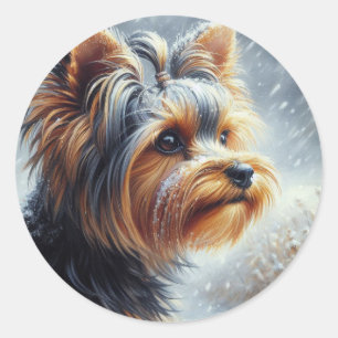 Cute Yorkshire Terrier Winter Landscape Classic Round Sticker