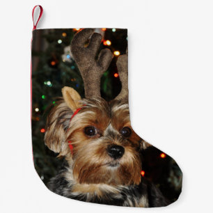 Cute Yorkshire Terrier with Reindeer Antlers Small Christmas Stocking