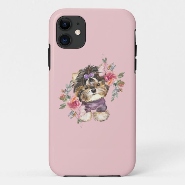 Cute Yorkshire Terrier Yorkie and Flowers Art  Case-Mate iPhone Case (Back)