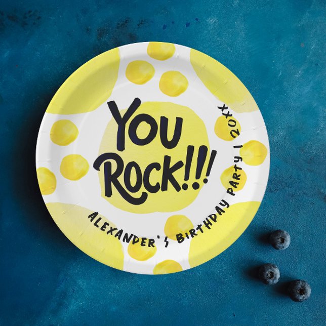 Cute You Rock Yellow And Black Modern Typography Paper Plate (Creator Uploaded)