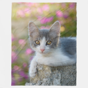 Cute Young Bicolor Cat Kitten Pink Flowers - Fleece Blanket