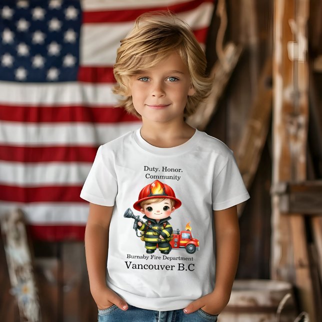 Cute young firefighter in red gear T-Shirt (Creator Uploaded)