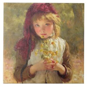 Cute Young Girl Holding Yellow Buttercup Flowers Tile