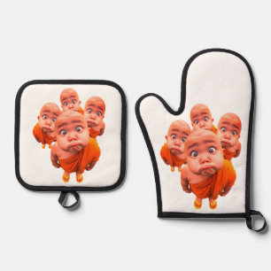 Cute Young Monk Minimalist Orange Robe Oven Mitt & Pot Holder Set
