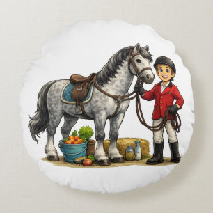 Cute Young Rider With Dapple Grey Horse Art Round Cushion