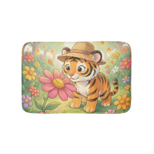 Cute young tiger with hat in garden bath mat