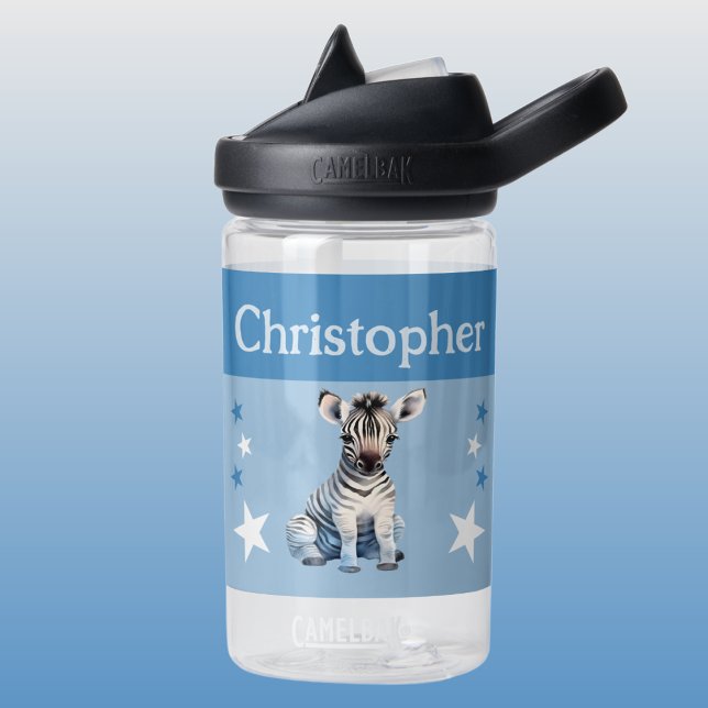 Cute zebra add name with stars kids blue water bottle (Creator Uploaded)